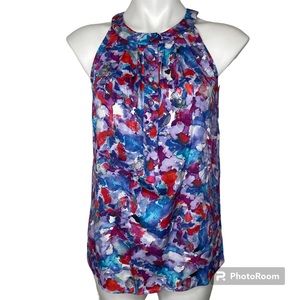 Theory Sleeveless Top Small Abstract Print Silk Blue Red Purple Buttons P TP